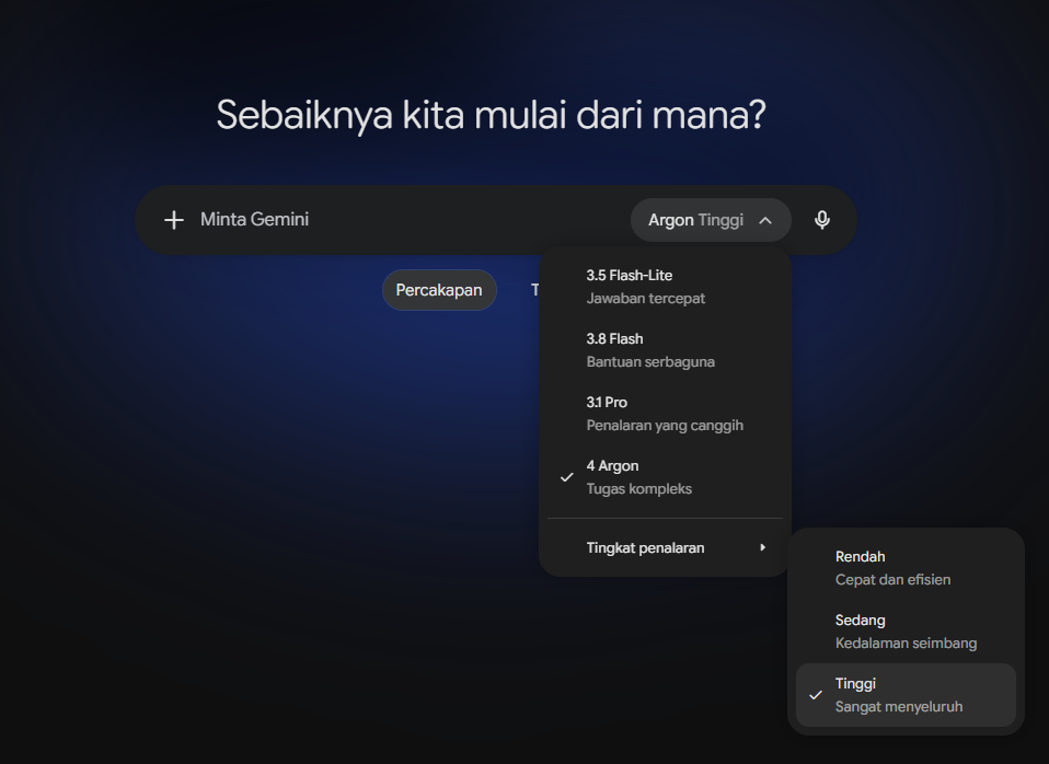 Contoh Gemini desktop: menu model di dekat kolom Minta Gemini, 4 Argon dipilih dan submenu Tingkat penalaran diatur ke Tinggi.