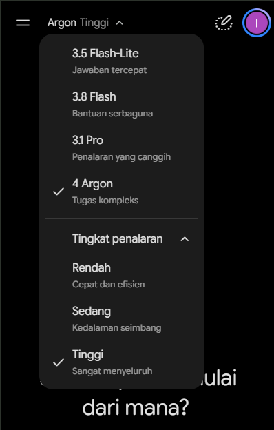 Contoh Gemini mobile: menu model dari bagian atas layar, 4 Argon dipilih dan Tingkat penalaran Tinggi dicentang.